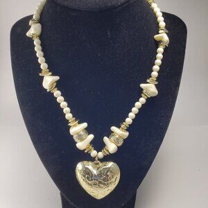 26" Gold-tone and Off-white Beaded Statement Necklace w/ Heart design Pendant